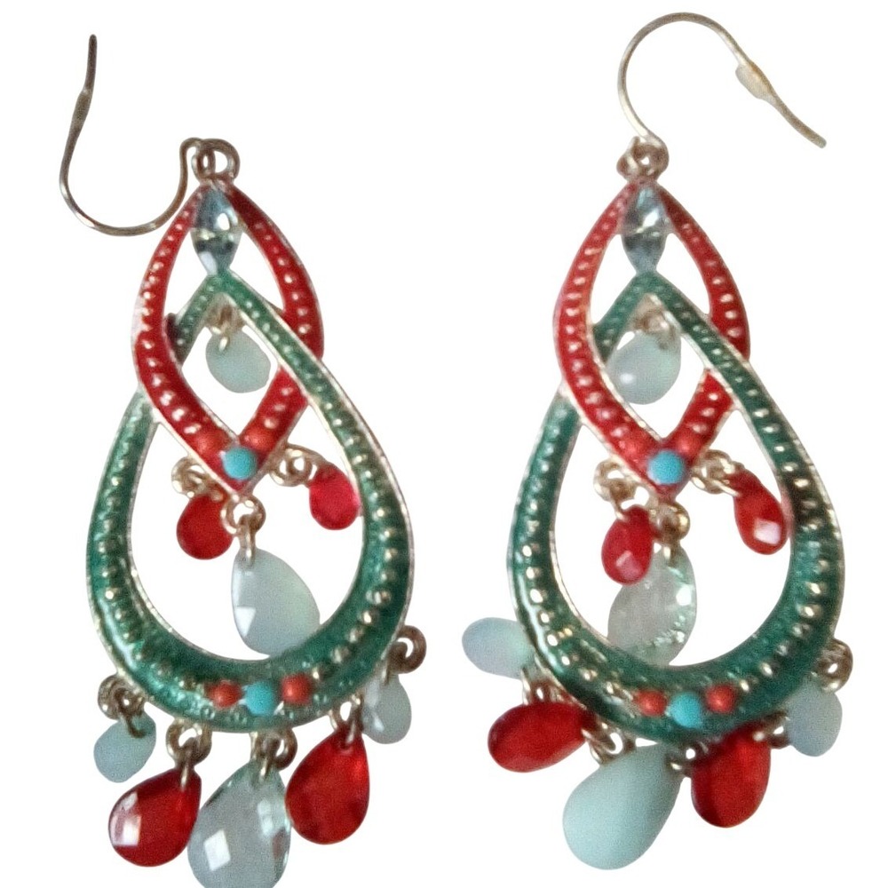 Bohemian Teardrop Earrings Red Green Blue Beaded Chandelier Dangle